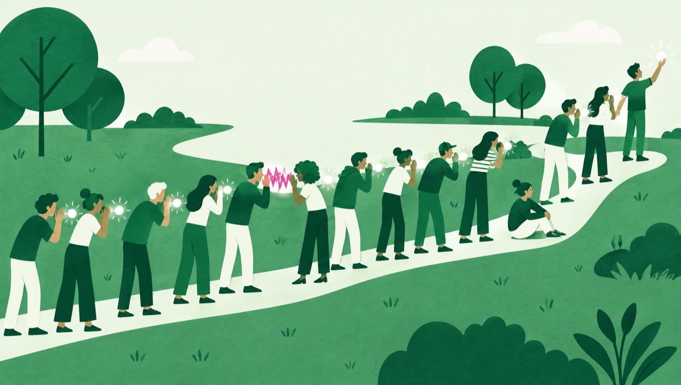 Illustration: people in a line whisper a glowing message along a park path; a burst of static garbles it and one person sits out, yet the message reaches the end.